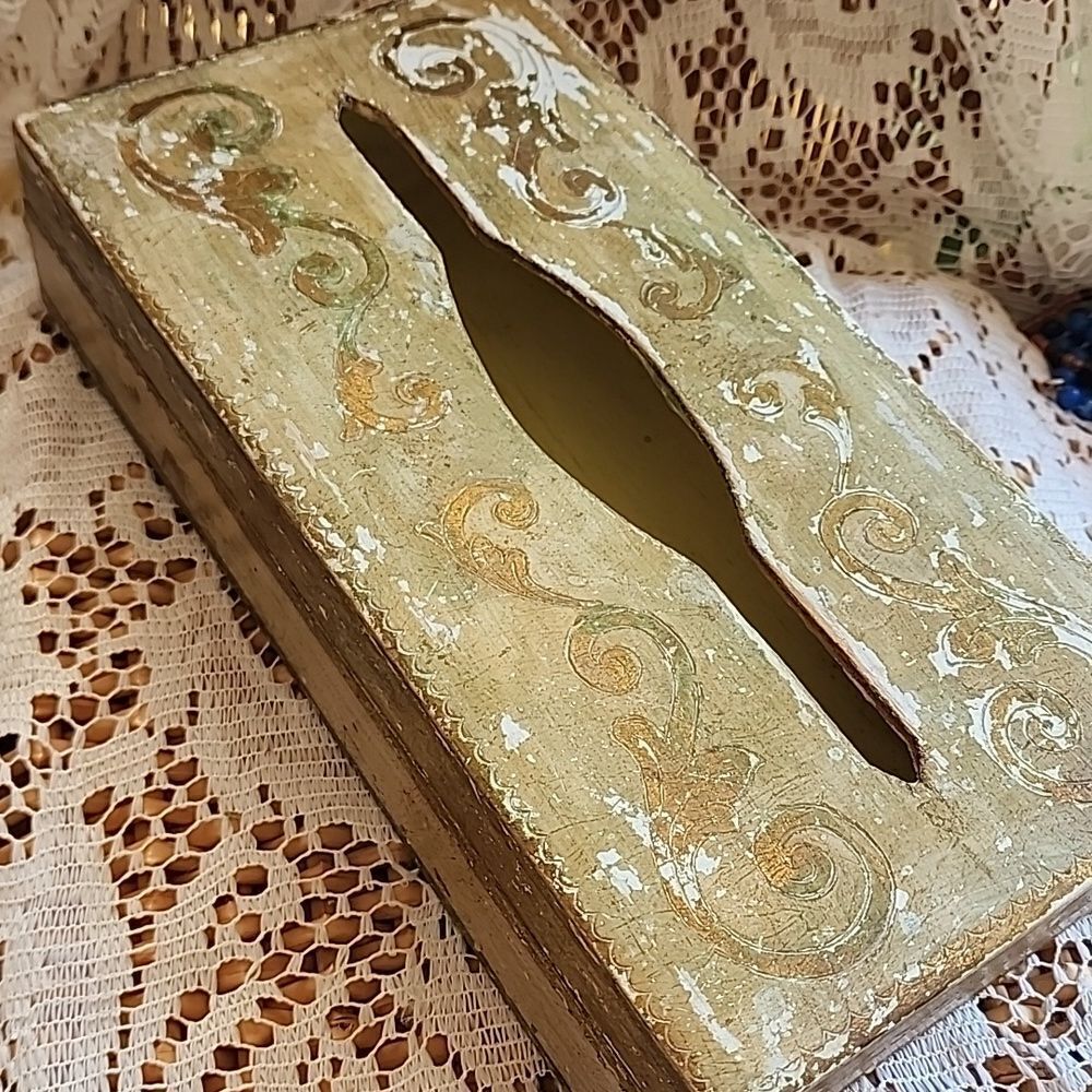 Gilded Vintage Florentine Wooden Distressed Tissue Box Wire Hinged